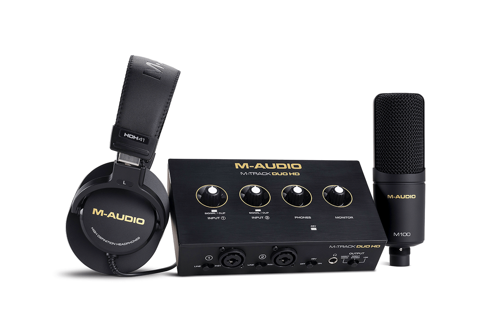 The M-Track Duo HD audio interface, M-Audio HDH41 over-ear studio monitoring headphones and M-Audio M100 condenser microphone